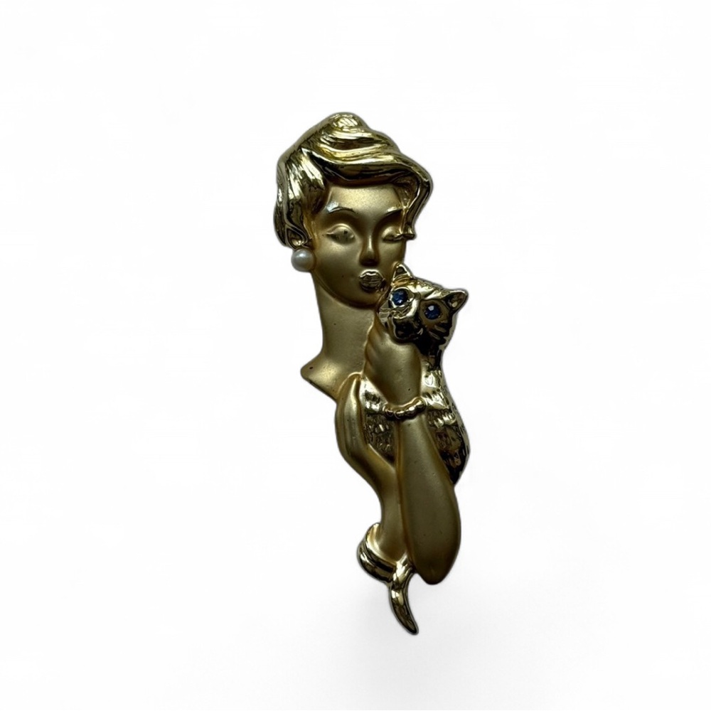 Gold Woman and Cat Brooch